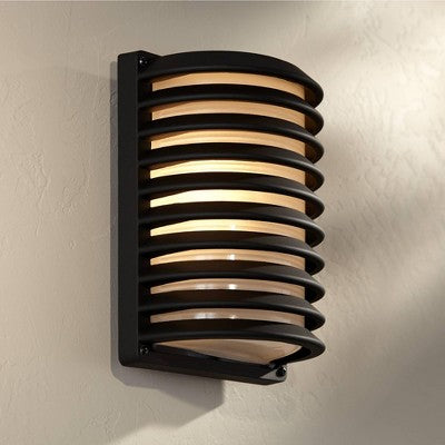 John Timberland Modern Outdoor Wall Light Fixtures Set Of 2 Black Grid 10" Frosted Glass For Post Exterior Barn Deck House Porch Yard Posts Patio Home