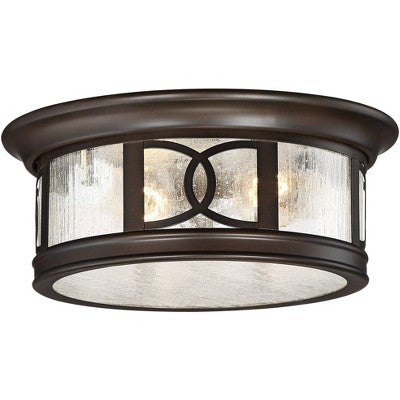 John Timberland Modern Flush Mount Outdoor Ceiling Light Fixture Mission Oil Rubbed Bronze Drum 12" Seedy Glass Damp Rated For Porch Patio