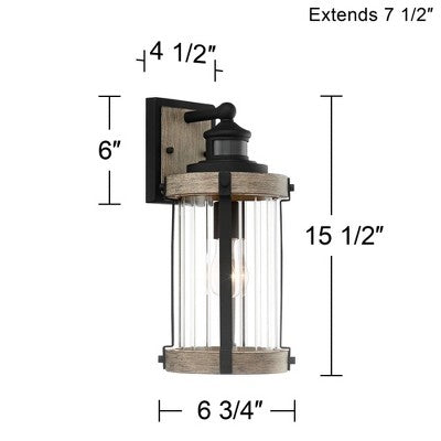 John Timberland Stan Rustic Farmhouse Outdoor Wall Light Fixture Gray Faux Wood Black Motion Sensor 15 1/2" Clear Ribbed Glass For Post Exterior Barn