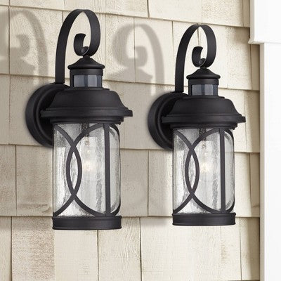  John Timberland Capistrano Mission Outdoor Wall Light Fixtures Set Of 2 Black Dusk To Dawn Motion Sensor 15 3/4" Clear Seeded Glass For Post Exterior