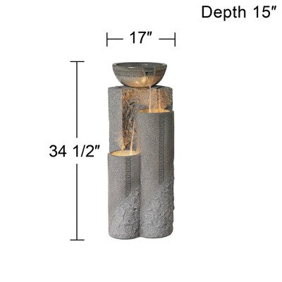  John Timberland Bowl And Pillar Modern Zen Cascading Outdoor Floor Water Fountain With LED Light 34 1/2" For Yard Garden Patio Home Deck Porch House