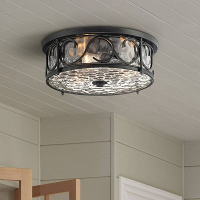  John Timberland Paseo Rustic Industrial Flush Mount Outdoor Ceiling Light Matte Black 6 1/4" Clear Hammered Glass Damp Rated For Post Exterior Barn