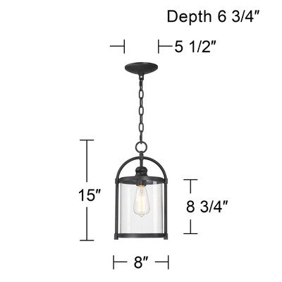  John Timberland Modern Outdoor Ceiling Light Hanging Black 15" Cylindrical Glass For Exterior House Porch Patio Deck