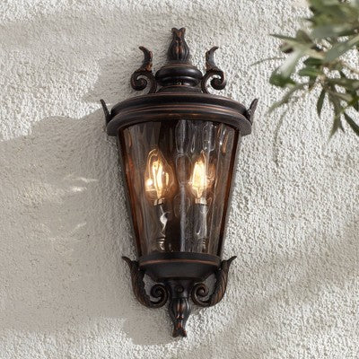  John Timberland Casa Marseille Rustic Outdoor Wall Light Fixture Veranda Bronze Scroll 17" Champagne Hammered Glass For Post Exterior Barn Deck House