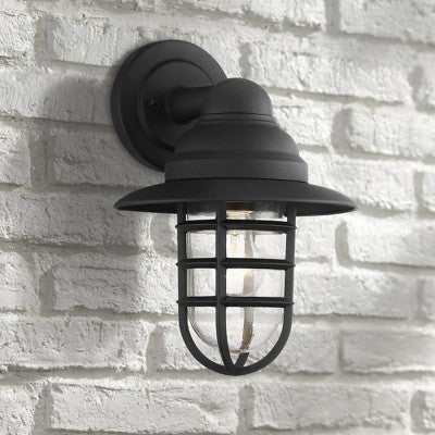  John Timberland Marlowe Rustic Industrial Farmhouse Outdoor Wall Light Fixture Black Hooded Cage 13" Clear Glass For Post Exterior Barn Deck House
