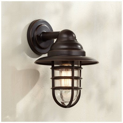  John Timberland Marlowe Industrial Outdoor Wall Light Fixture Galvanized Hooded Cage 13 1/4" Clear Glass For Post Exterior Barn Deck House Porch Yard