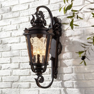  John Timberland Casa Marseille Vintage Rustic Outdoor Wall Light Fixture Bronze Scroll 27 1/2" Hammered Glass For Post Exterior Barn Deck House Porch