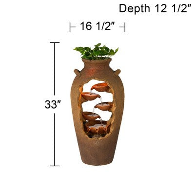  John Timberland Cascade Rustic Asian Planter Urn Outdoor Floor Water Fountain With LED Light 33" For Yard Garden Patio Home Deck Porch Exterior House