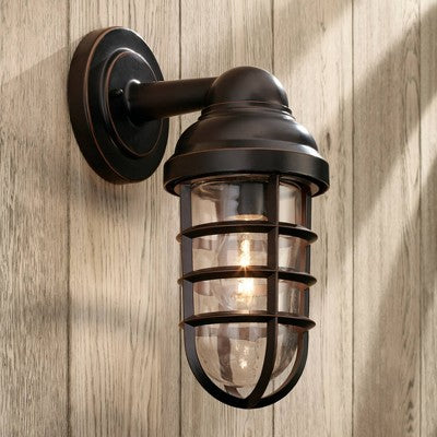  John Timberland Marlowe Industrial Outdoor Wall Light Fixtures Set Of 2 Bronze Metal Cage 13 1/4" Clear Glass For Post Exterior Barn Deck House Porch