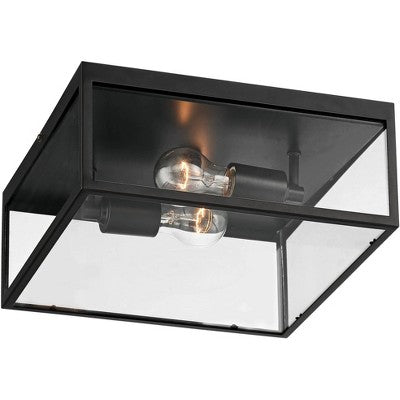  John Timberland Modern Outdoor Ceiling Light Fixture Matte Black 12" Clear Glass Panels Square Exterior House Porch Patio Outside