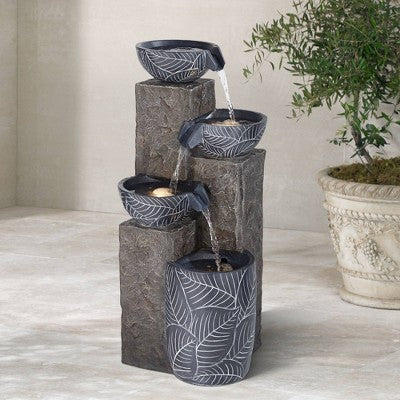  John Timberland Bali Rustic 4-Tier Cascading Bowls Outdoor Floor Water Fountain With LED Light 32 3/4" For Yard Garden Patio Home Deck