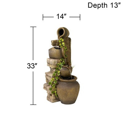  John Timberland Cascading Rustic Three Jugs Outdoor Floor Water Fountain 33" For Yard Garden Patio Home Deck Porch House Exterior Balcony Roof
