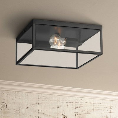  John Timberland Modern Outdoor Ceiling Light Fixture Matte Black 12" Clear Glass Panels Square Exterior House Porch Patio Outside
