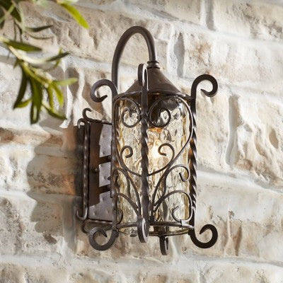  John Timberland Casa Seville Vintage Rustic Outdoor Wall Light Fixture Dark Walnut Scroll 18 1/2" Champagne Hammered Glass For Post Exterior Barn Deck