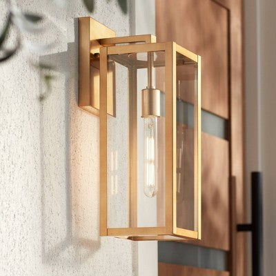 John Timberland Titan Modern Outdoor Wall Light Fixtures Set Of 2 Soft Gold Rectangular Frame 17" Clear Glass For Post Exterior Barn