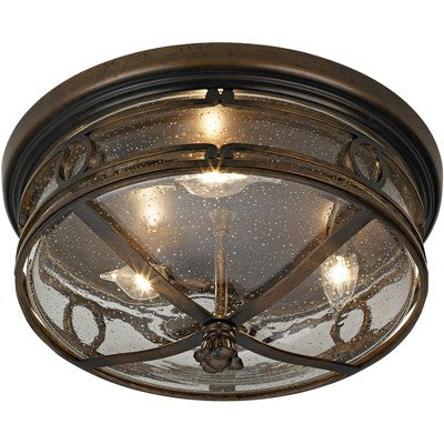  John Timberland Beverly Drive Rustic Flush Mount Outdoor Ceiling Light Bronze 7" Clear Seedy Glass For Post Exterior Barn Deck House Porch Yard Patio