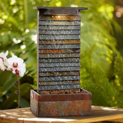  Stave 19" High Small Rustic Zen Indoor Outdoor Decor Slate Stone Tabletop Fountain With Light LED Waterfall Outside Garden Patio