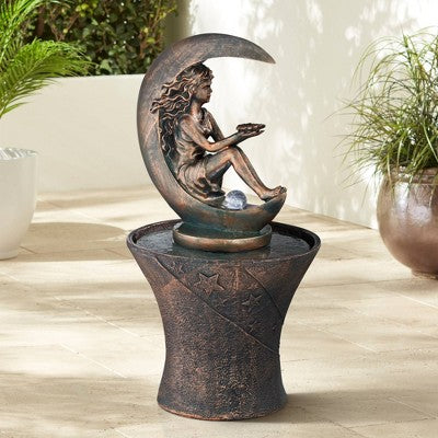  John Timberland Crescent Moon Modern Bubbler Outdoor Floor Water Fountain With LED Light 34" For Yard Garden Patio Home Deck Porch Exterior Balcony