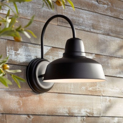  John Timberland Urban Barn Rustic Industrial Farmhouse Outdoor Wall Light Fixtures Set Of 2 Black Metal Gooseneck Arms Downlight 13" Post