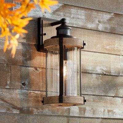  John Timberland Stan Rustic Farmhouse Outdoor Wall Light Fixture Gray Faux Wood Black Motion Sensor 15 1/2" Clear Ribbed Glass For Post Exterior Barn