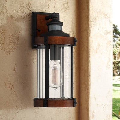  John Timberland Stan Industrial Outdoor Wall Light Fixture Dark Faux Wood Black Motion Sensor 15 1/2" Clear Glass For Post Exterior Barn Deck House
