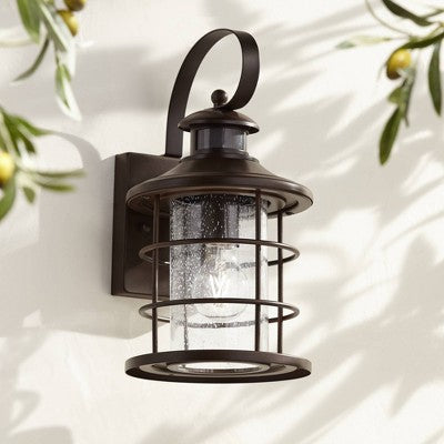  John Timberland Hogan 14" High Bronze Motion Sensor Outdoor Wall Light Set Of 2