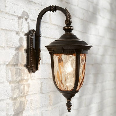  John Timberland Bellagio Vintage Rustic Outdoor Wall Light Fixture Bronze Downbridge 16 1/2" Champagne Hammered Glass For Post Exterior Barn Deck Yard