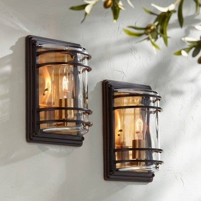  John Timberland Habitat Modern Outdoor Wall Light Fixtures Set Of 2 Bronze Brass 11" Clear Glass For Post Exterior Barn Deck House Porch Yard Patio