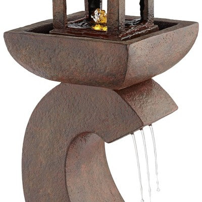  Pagoda 31" High Large Zen Japanese Indoor Outdoor Decor Rust Stone Floor Fountain With Light LED Waterfall Outside Garden Patio Yard