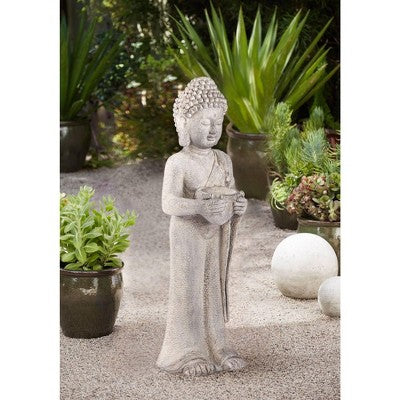  John Timberland Standing Buddha Statue Sculpture Zen Garden Decor Indoor Outdoor Front Porch Patio Yard Outside Home Balcony Gray Faux Stone 32" Tall