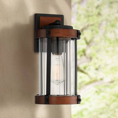  John Timberland Stan Industrial Outdoor Wall Light Fixture Dark Faux Wood Black 13 1/2" Clear Glass For Post Exterior Barn Deck House Porch Yard Patio
