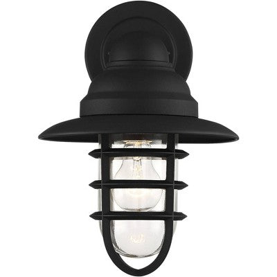  John Timberland Marlowe Rustic Industrial Farmhouse Outdoor Wall Light Fixture Black Hooded Cage 13" Clear Glass For Post Exterior Barn Deck House