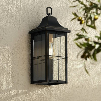  John Timberland Sunderland Vintage Outdoor Wall Light Fixture Black Warm Gold 18 1/2" Clear Glass Panels For Post Exterior Barn Deck House Porch Yard
