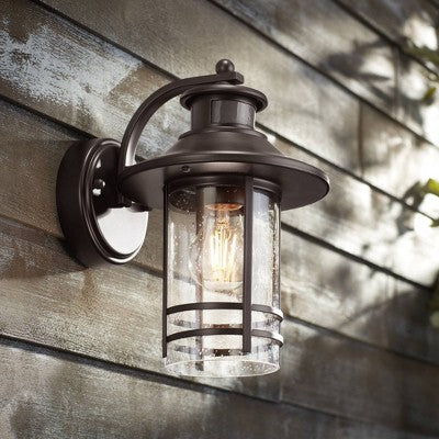  John Timberland Habitat Rustic Industrial Outdoor Wall Light Fixtures Set Of 2 Bronze Dusk To Dawn Motion Sensor 11 1/4" Seedy Glass For Exterior