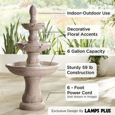  Domanico 57" High Large Italian Indoor Outdoor Decor Sand Stone Floor Fountain Waterfall 3-Tier Outside Garden Patio Yard Backyard