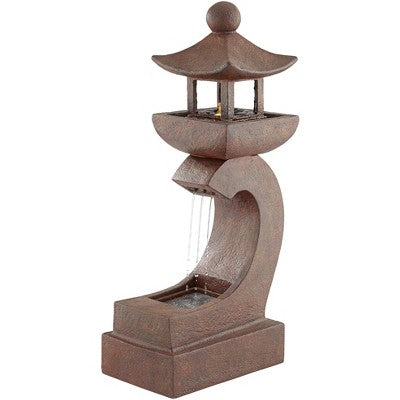  Pagoda 31" High Large Zen Japanese Indoor Outdoor Decor Rust Stone Floor Fountain With Light LED Waterfall Outside Garden Patio Yard