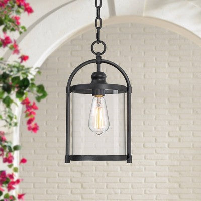  John Timberland Modern Outdoor Ceiling Light Hanging Black 15" Cylindrical Glass For Exterior House Porch Patio Deck