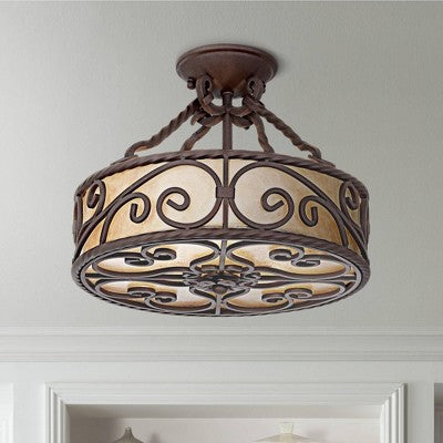  John Timberland Natural Mica Rustic Ceiling Light Semi Flush Mount Fixture 15" Wide Deep Walnut Scroll 3-Light Drum Shade For Bedroom Living Room Home