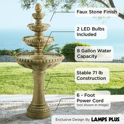  Sag Harbor 66" High Large Italian Outdoor Decor Sand Stone Floor Fountain With Light LED 4-Tier Outside Garden Patio Yard Backyard