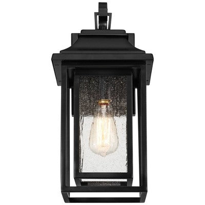  John Timberland Cecile 18 1/4" High Mission Framed Box Outdoor Wall Light Fixture Mount Porch House Waterproof Shiny Black Aluminum Seeded Glass Shade