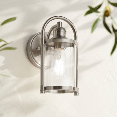  John Timberland Rustic Farmhouse Outdoor Wall Light Fixtures Set Of 2 Brushed Nickel 10 1/4" Clear Glass For Exterior Barn Deck House Porch Yard Patio