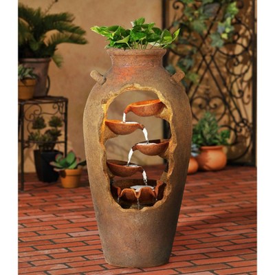  John Timberland Cascade Rustic Asian Planter Urn Outdoor Floor Water Fountain With LED Light 33" For Yard Garden Patio Home Deck Porch Exterior House