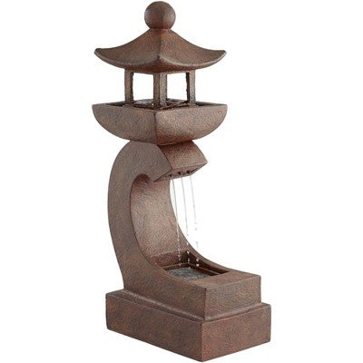  Pagoda 31" High Large Zen Japanese Indoor Outdoor Decor Rust Stone Floor Fountain With Light LED Waterfall Outside Garden Patio Yard