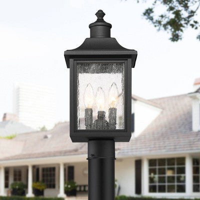  John Timberland Moray Bay 17" High Mission Outdoor Post Light Fixture Pole Porch House With Pier Mount Adapter 3-Light Black Metal Seeded Glass Shade
