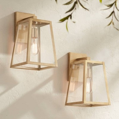  John Timberland Arrington Modern Outdoor Wall Light Fixtures Set Of 2 Soft Gold Metal 13" Clear Glass For Post Exterior Barn Deck House Porch Yard