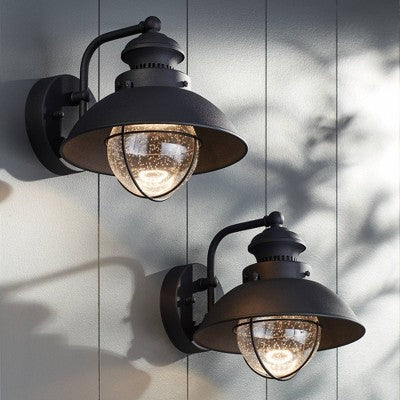  John Timberland Industrial Outdoor Wall Light Fixtures Set Of 2 Black Metal LED 8" Seedy Glass For Exterior Barn Deck House Porch