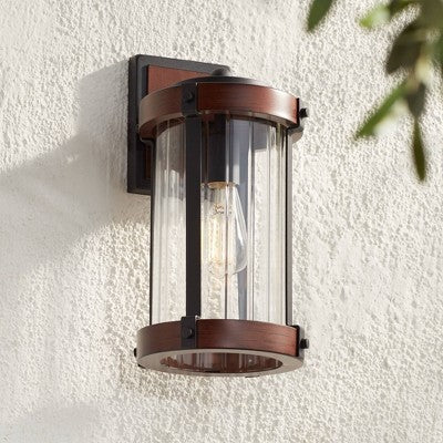  John Timberland Stan Industrial Outdoor Wall Light Fixtures Set Of 2 Dark Wood Black Metal 13 1/2" Clear Glass For Post Exterior Barn