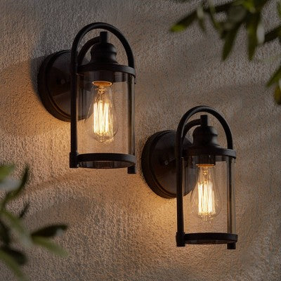 John Timberland Rustic Farmhouse Outdoor Wall Light Fixtures Set Of 2 Black 10 1/4" Clear Glass For Exterior Barn Deck House Porch Yard Patio Outside