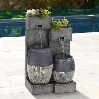  John Timberland Mendit Rustic Cascading 2-Jar Outdoor Wall Floor Water Fountain With LED Light 29" For Yard Garden Patio Home Deck Lawn
