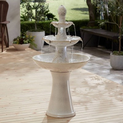  Formentera 45" High Large Italian Outdoor Decor Ceramic Floor Fountain With Light LED 3-Tier Outside Garden Patio Yard Backyard